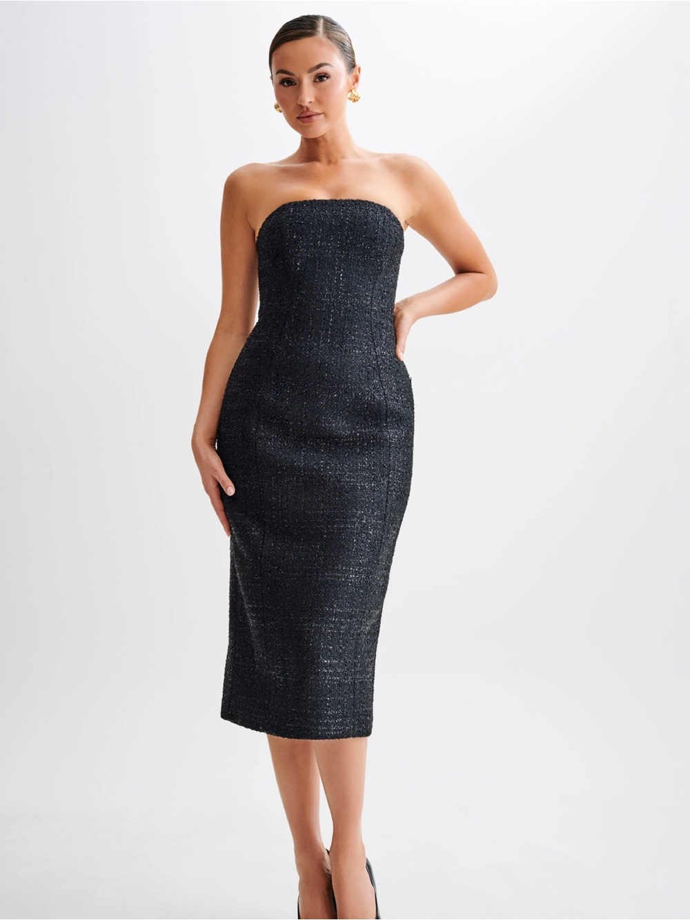 Meshki Black Sparkle Strapless Tweed Midi Dress